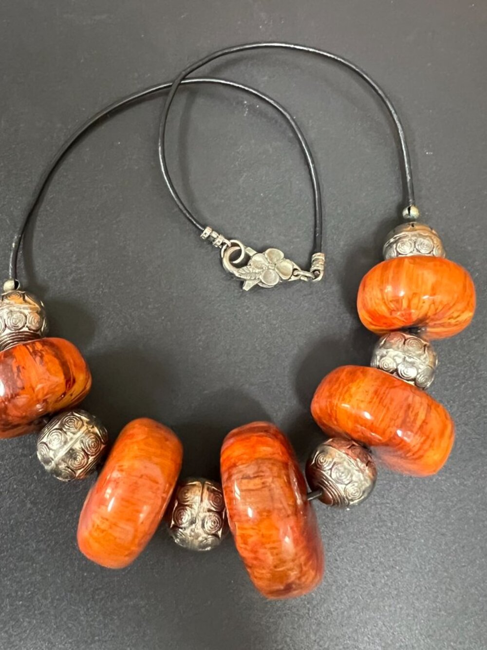 Chunky Orange & silver Bead Statement Necklace Floral Clasp Boho Unique Artisan